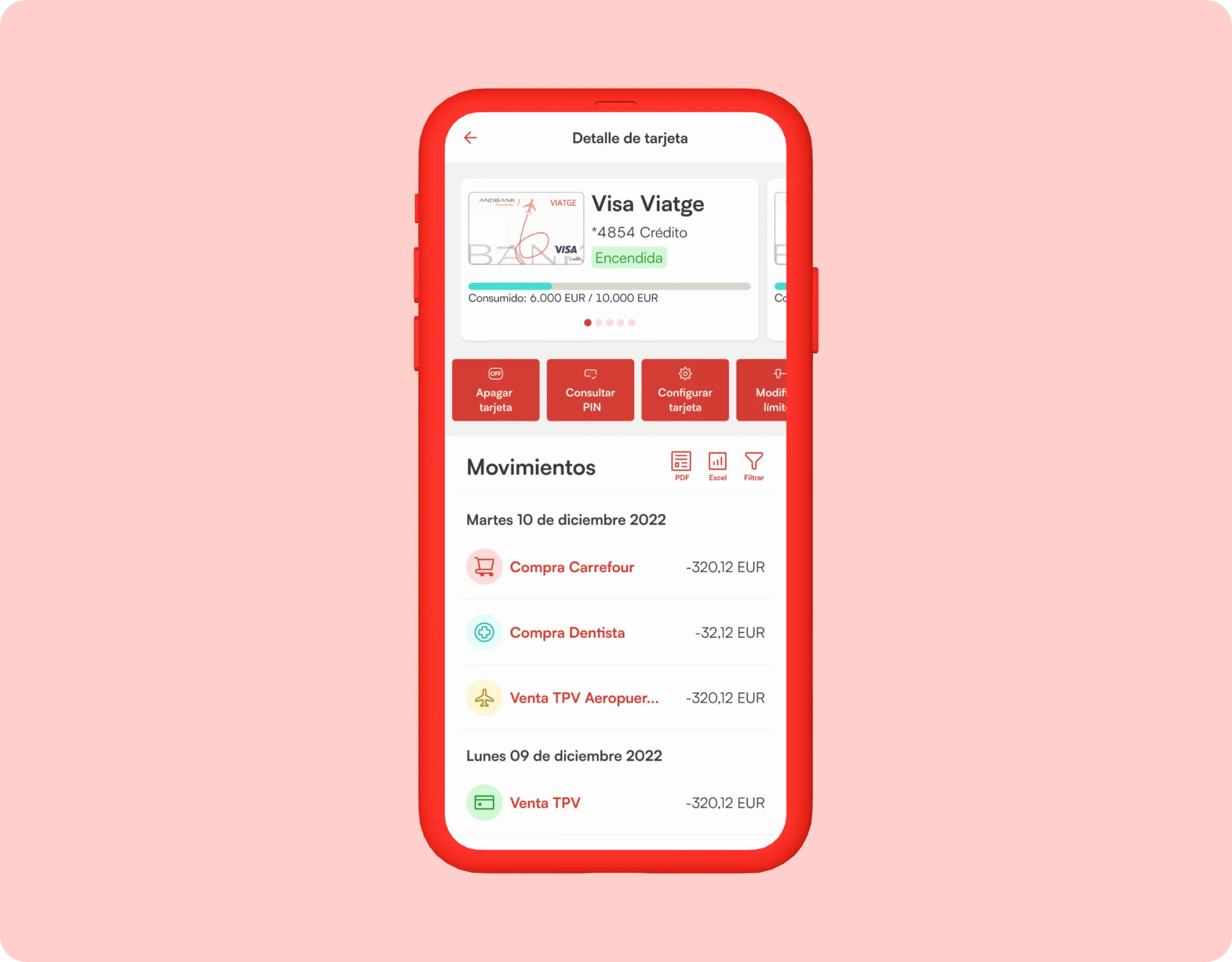 Pantalla de detalle de tarjeta de crédito